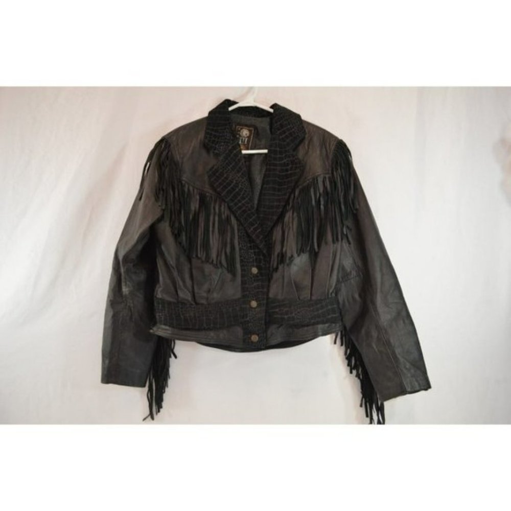 Global  Identity 80s Fringe Leather Jacket Western Cowgirl Black Vintage G-III